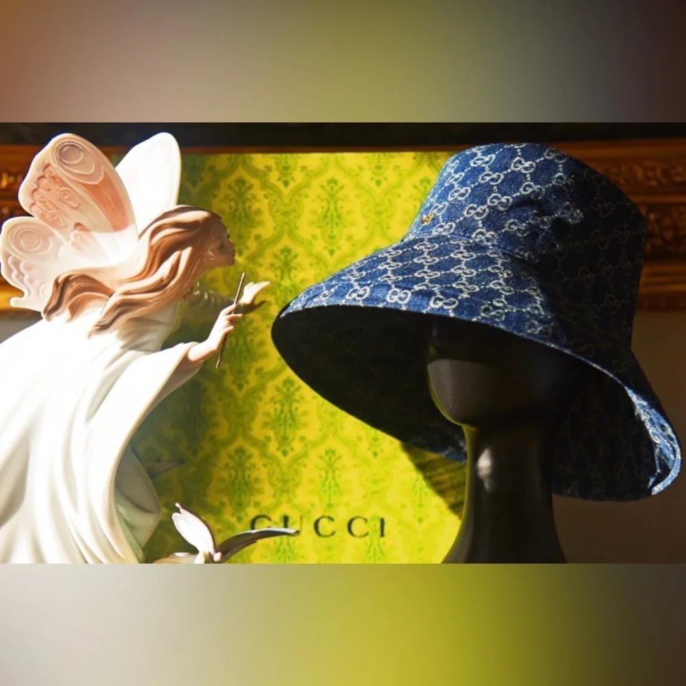 Gucci GG Denim Monogram Bucket Hat Wide Large Brim Navy Blue Jacquard Beach - Picture 10 of 16